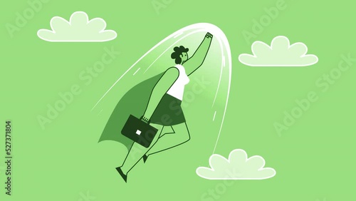 Green Style Woman Flat Character Superhero Speed Flies Up. Isolated Animation with Alpha Channel