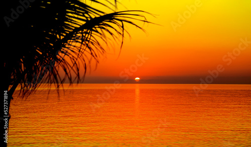 Fototapeta Naklejka Na Ścianę i Meble -  Sunset on Maldives island. Beautiful sky and ocean and beach with palms background for summer vacation holiday and travel concept.
