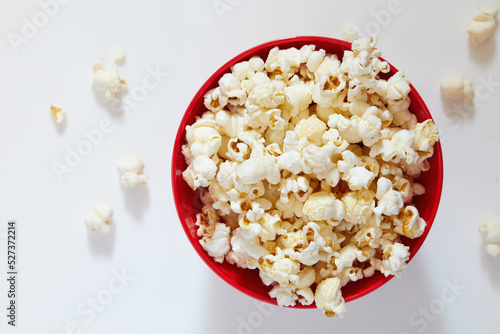 Overhead view of bowl of popcorn photo