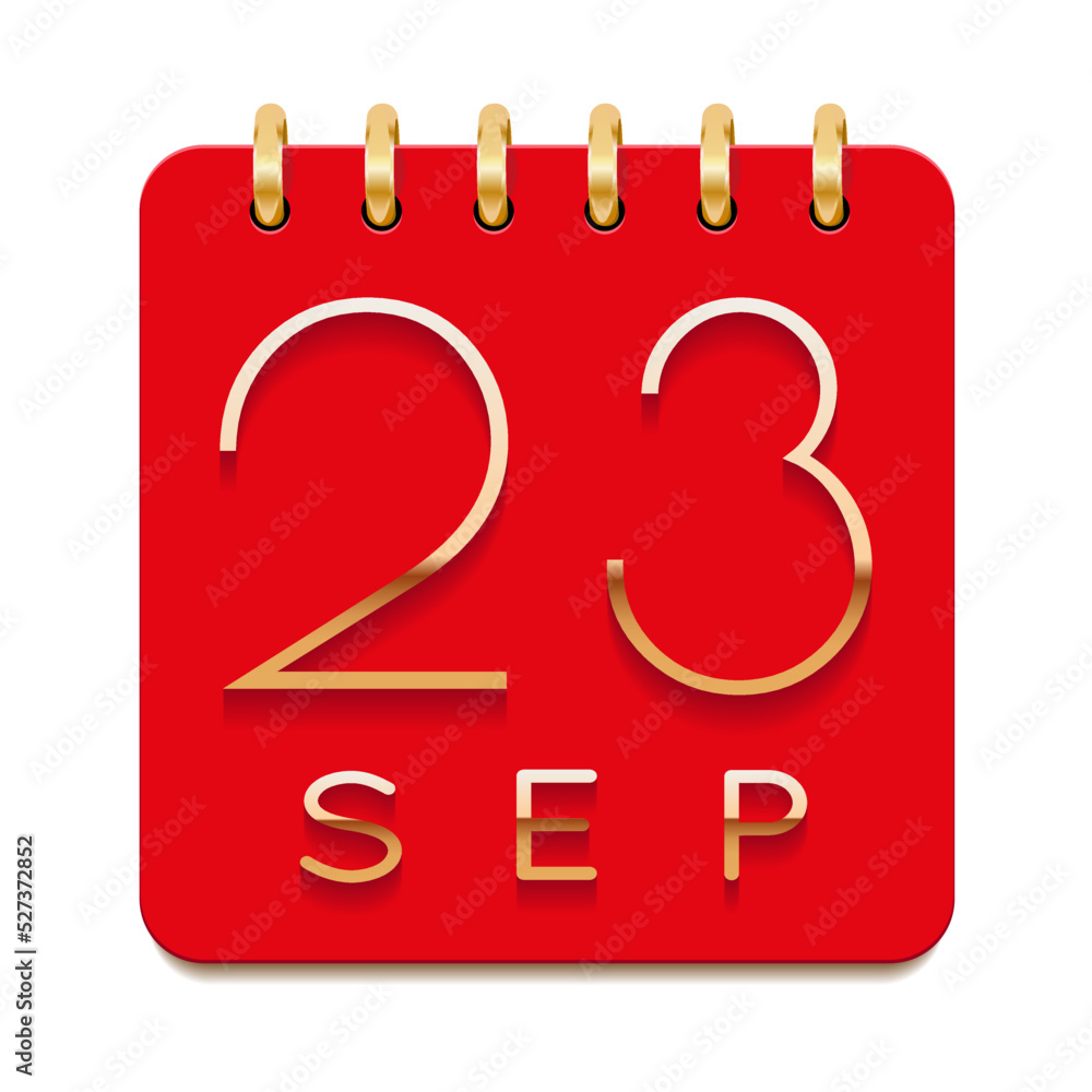 23 day of the month. September. Luxury calendar daily icon. Date day week Sunday, Monday, Tuesday, Wednesday, Thursday, Friday, Saturday. Gold text. Red paper. Vector illustration. 23 day of the month. September. Luxury calendar daily icon. Date day week Sunday, Monday, Tuesday, Wednesday, Thursday, Friday, Saturday. Gold text. Red paper. Vector illustration.
