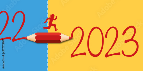 Carte de vœux 2023 symbolisant le passage à la nouvelle année avec une ligne en pointillé traversée par un crayon rouge.