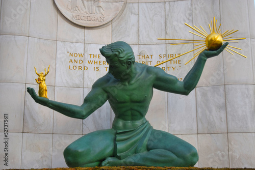Spirit of Detroit statue in downtown Detroit. Iconic symbol of largest city in Michigan. Picture taken in December 2019