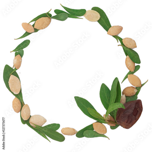 Circle frame made with argan nut  and green leaves isolated on white background