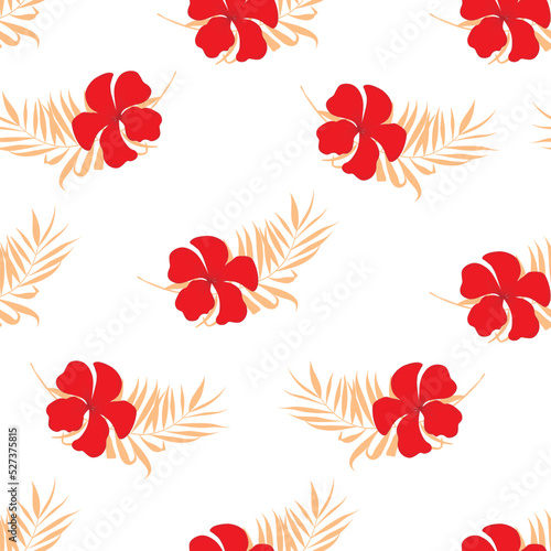 Floral seamless pattern. Tropical red flowers. Plumeria. Vector stock illustration. Golden palm leaves.