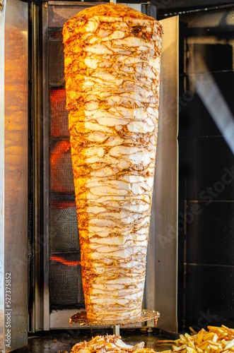 Meat on skewer for doner, traditional Turkish food

