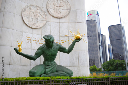 Spirit of Detroit statue in downtown Detroit. Iconic symbol of largest city in Michigan. Picture taken in December 2019