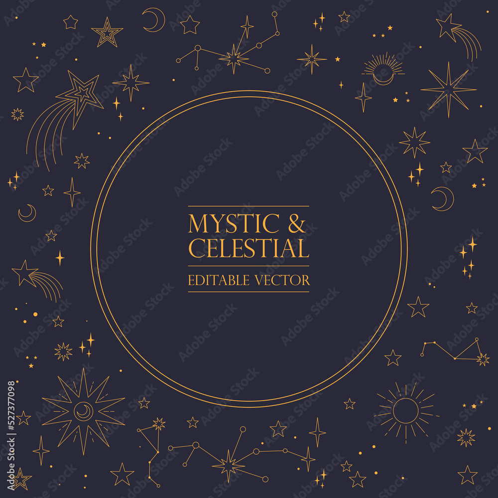 Astral celestial frame with stars, hands, sun, moon phases, and copy space. Mystic design. Ornate magical banner with a place for text. Linear geometric border Astral celestial frame with stars, hands, sun, moon phases, and copy space. Mystic design. Ornate magical banner with a place for text. Linear geometric border