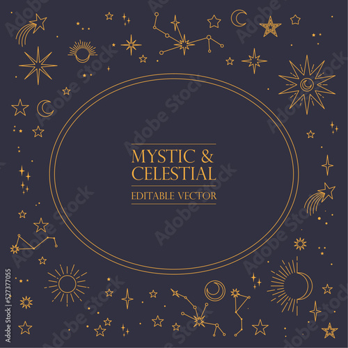 Astral celestial frame with stars, hands, sun, moon phases, and copy space. Mystic design. Ornate magical banner with a place for text. Linear geometric border