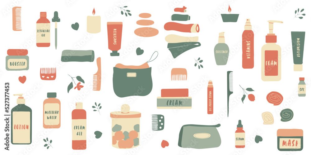 Skin care isolated objects: bottles, dispenser, tube and jars with accessories. Hand-drawn cosmetic products: cream, serum, moisturizer, lotion, spa. Flat vector illustration Skin care isolated objects: bottles, dispenser, tube and jars with accessories. Hand-drawn cosmetic products: cream, serum, moisturizer, lotion, spa. Flat vector illustration
