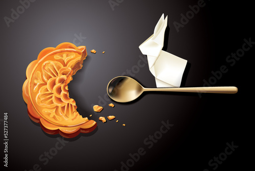 Vector of Chinese moon cakes arrive every year in time to add a tasty celebration of the mid-autumn festival! one bite had lost , placed near a golden spoons and origami paper bunny which is a symbol 
