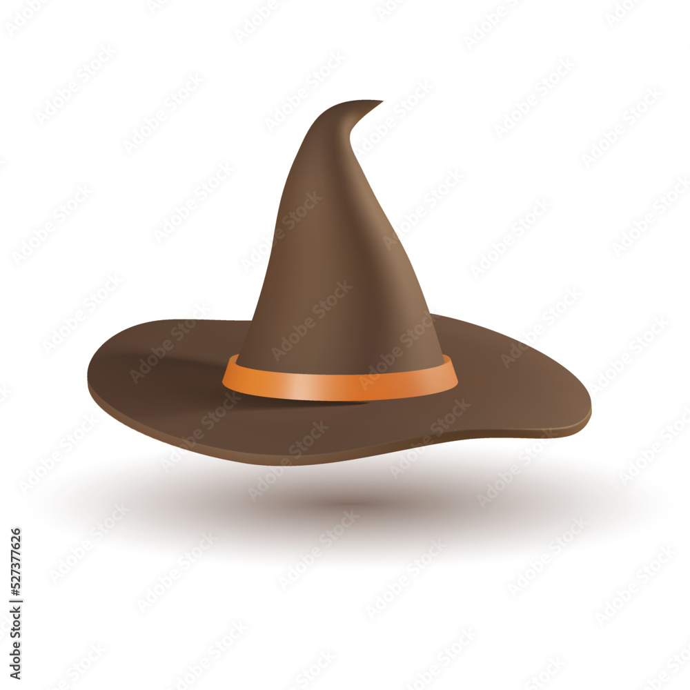Fototapeta premium 3D realistic witch hat. Vector illustration with a cartoon black and orange magical headgear. Isolated clipart for Helloween
