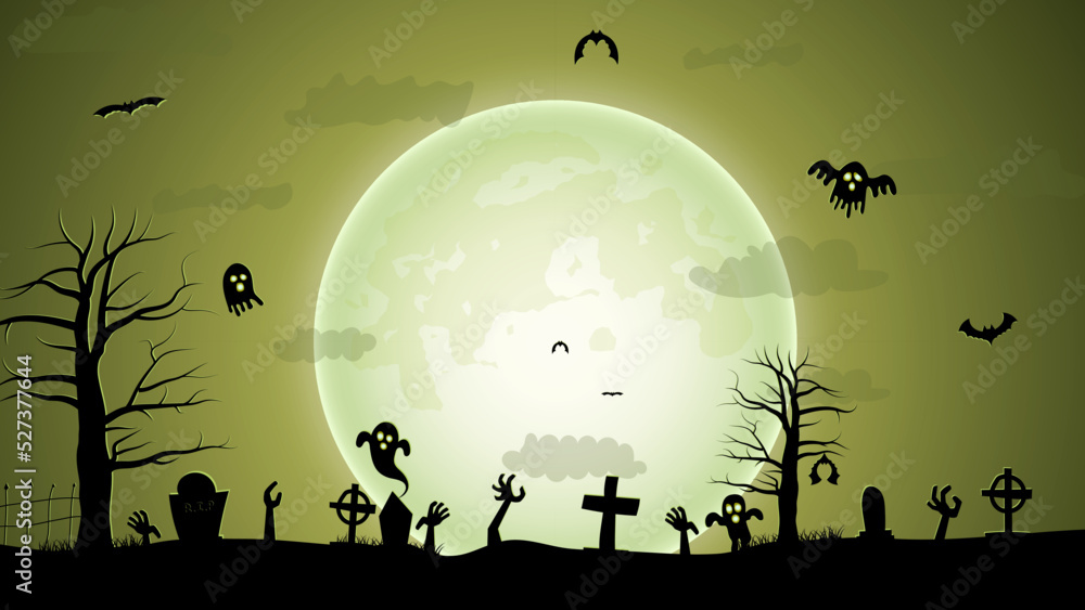 Halloween illustration with silhouettes of Halloween pumpkins, spooky tree, vintage haunted house, and bats flying over cemetery flat in moonlight