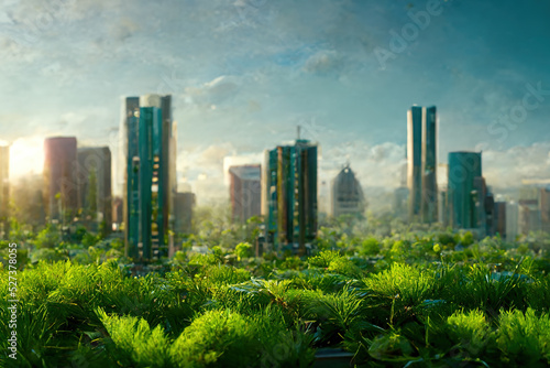Green skyscraper building with plants in city ecology and green living in downtown, urban environment concept © terra.incognita