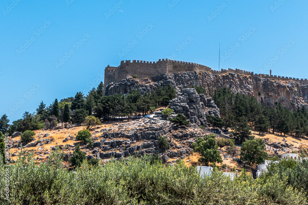 Historical and popular travel destination of Lindos Acropolis in Rhodes, Greece.