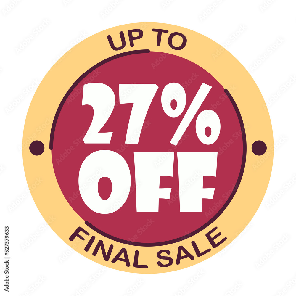 Up to twenty seven percent off final sale. Icon 27 %. Special offer discount label with black Friday. Flat sales Vector percent off price reduce badge promotion design illustration isolated white