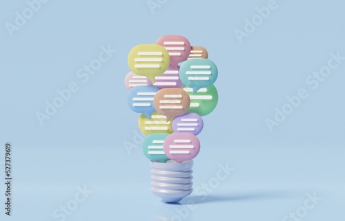 Light bulb of speech bubbles, branstorming to solve working problem or find solution for business growth concept, 3D render illustration. photo