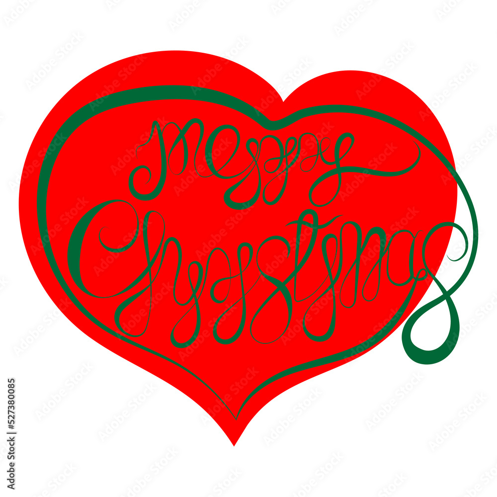 Merry Christmas green hand-drawn vector text on a red heart. Calligraphic inscription Merry Christmas Festive Greeting Poster.