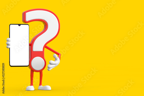 Question Mark Sign Cartoon Character Person Mascot and Modern Mobile Phone with Blank Screen for Your Design. 3d Rendering