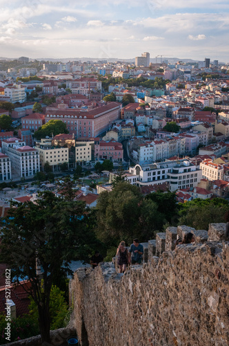 View of the city and Orange Clay Rooftops overlooking the Tagus River in Lisbon, Portugal