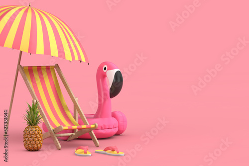 Canvastavla Cartoon Beach Chair, Swimming Pool Inflantable Rubber Pink Flamingo Toy, Beach Umbrella, Beach Flip Flops Sandals and Fresh Ripe Tropical Healthy Nutrition Pineapple Fruit
