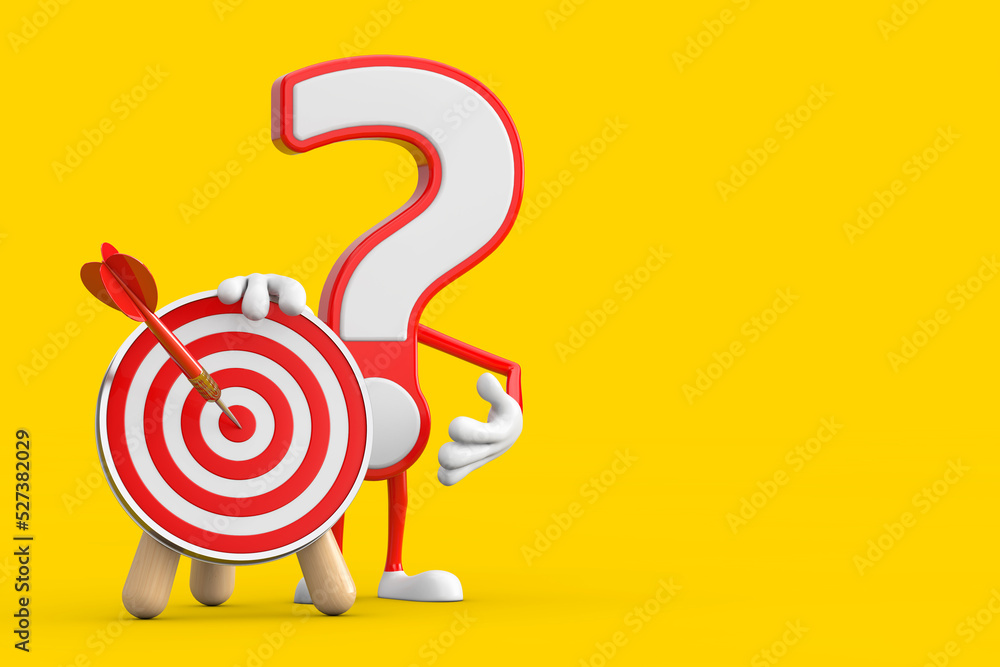 Question Mark Sign Cartoon Character Person Mascot with Archery Target and Dart in Center. 3d Rendering Question Mark Sign Cartoon Character Person Mascot with Archery Target and Dart in Center. 3d Rendering
