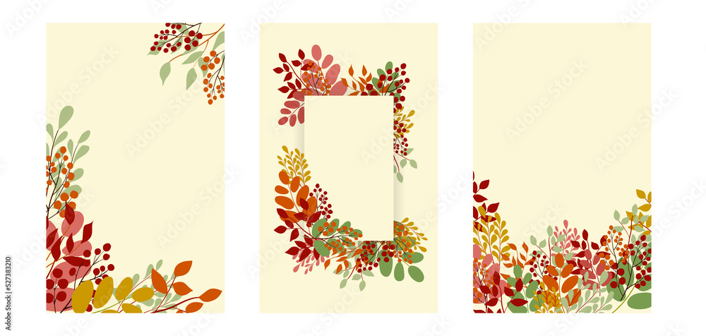 Vector invitation cards with herbal branches, leaves and berries. Rustic vintage bouquets in autumn colors