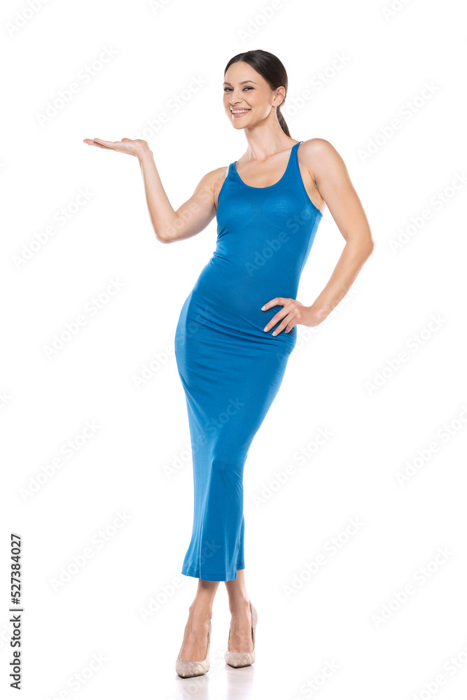 Photo of pretty positive nice woman hold hand empty space object wear long dress isolated on white background. Photo of pretty positive nice woman hold hand empty space object wear long dress isolated on white background.