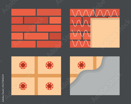 Four stages of brick wall insulation. Image of the wall, its insulation and plastering. Vector illustration.