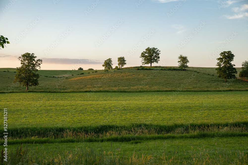 Green fields in the rolling countryside of Amish country, Ohio