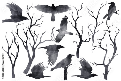 PNG hand drawn black watercolors ravens in different poses, flying black birds and tree branches collection isolated on transparent background.