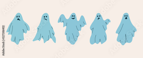 Flying ghosts. Halloween doodle spooky ghostly monsters with funny faces. Cute abstract cartoon characters. Holiday vector flat set