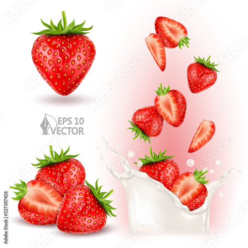 Set of ripe red strawberries. Juicy berries falling into milk or yogurt splash. 3d realistic vector illustration isolated on white background