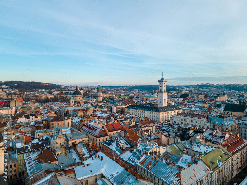 aerial view of lviv city hall on sunset aerial view of lviv city hall on sunset
