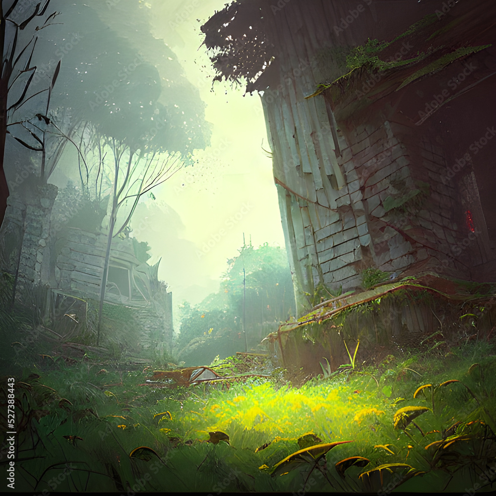 Obraz premium Abandoned overgrown ruins. Foggy, misty atmosphere. 