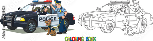 Police officers and police car. Coloring book