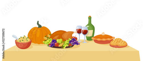 Table with Thanksgiving Day dinner. Traditional autumnal holiday meal. Cartoon style vector illustration.