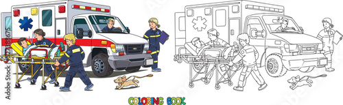 Paramedics near the ambulance. Cars coloring book