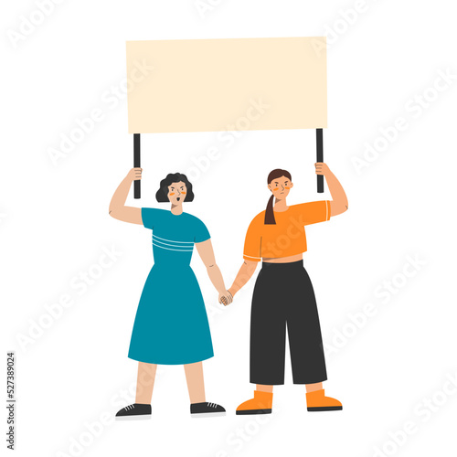 Women protest holding empty banner. Demonstration for women rights. Vector illustration of manifesting activists holding hands.