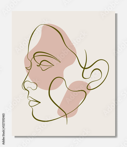 Vector poster with illustration of woman’s line art face. Modern one line drawing with blobs, pastel colors. Sisterhood and Feminism. Illustration for web and print.