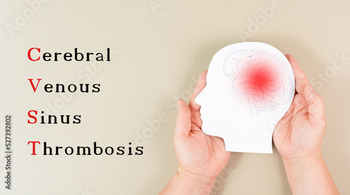 Cerebral venous sinus thrombosis is standing on the background, Silhouette of a head with a brain, red blood clot, side effect covid-19 vaccine photo