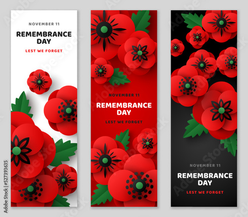 Remembrance Day vertical banner set, poster template, Memorial Anzac card flyer, paper cut poppy flowers border frame. Vector illustration. Craft floral design. Place for text, Lest we forget