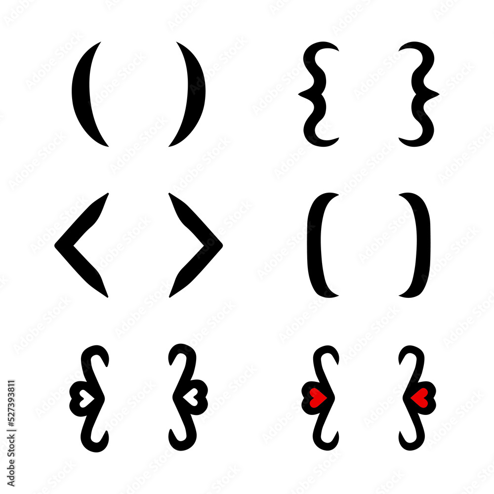 Set of 6 black curly braces isolated on white background, 4 basic and 2 with hearts Round, triangular and square brackets Modern bold lines for typing and typography Vector illustration in flat style Set of 6 black curly braces isolated on white background, 4 basic and 2 with hearts Round, triangular and square brackets Modern bold lines for typing and typography Vector illustration in flat style