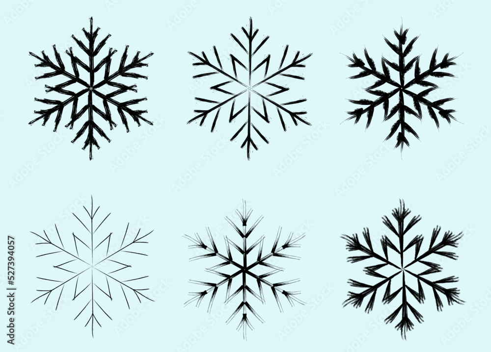 Grunge brush stroke snowflakes, free hand, vector, isolated