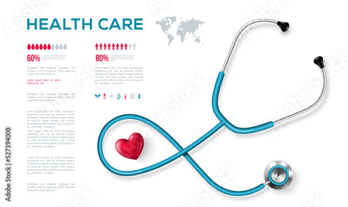 Stethoscope and 3d heart infograph poster. World health day infographics banner. Vector illustration. Healthcare background medical template, cardiology equipment, cardiologist instrument