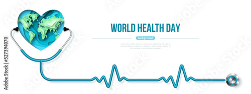 World Health Day concept. Paper cut heart, map and stethoscope 3d poster, place for text. Heartbeat pulse on wire. Vector illustration. Medical template background, healthcare checkup and diagnostic