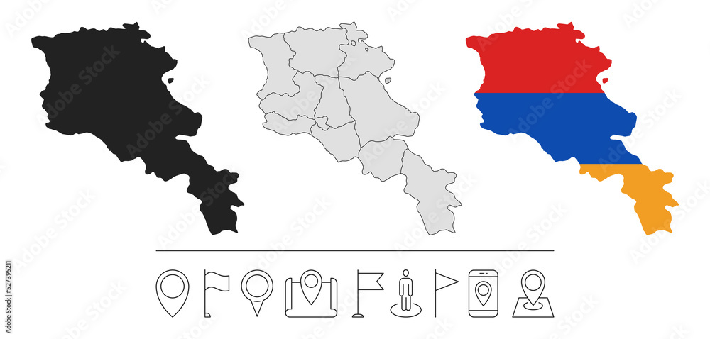 Set of different Armenia maps with national flag. Navigation line icons. Vector illustration.