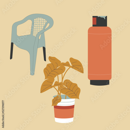 Set de ilustración de objetos patio mexicano, silla, tanque de gas y flores en cubeta