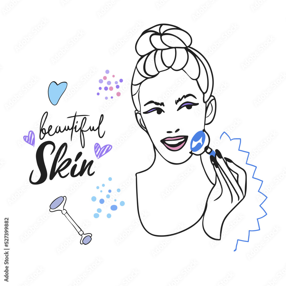 Beautiful skin, handwritten lettering, care cosmetics, girl with facial massage roller Beautiful skin, handwritten lettering, care cosmetics, girl with facial massage roller