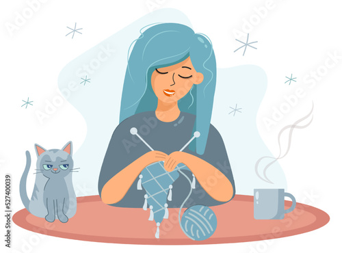 Fototapeta Naklejka Na Ścianę i Meble -  Girl knit. Knitting clothes, a woman sits at a table and knits a scarf for the winter. Cozy winter home interior with young woman, cat and cup of coffee, vector illustration in cartoon flat style.