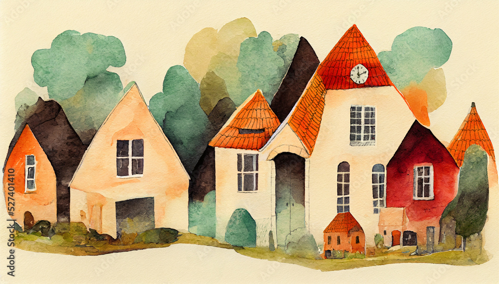 Naklejka premium Watercolor painting of a village with old houses and trees